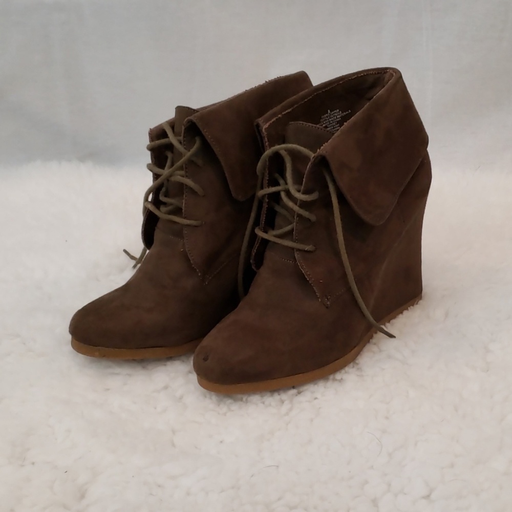 Laced Faux Suede Wedge Booties